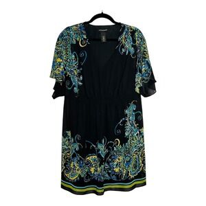 Lane Bryant Paisley Border Print Chiffon V-Neck Dress Black Plus Size 18/20